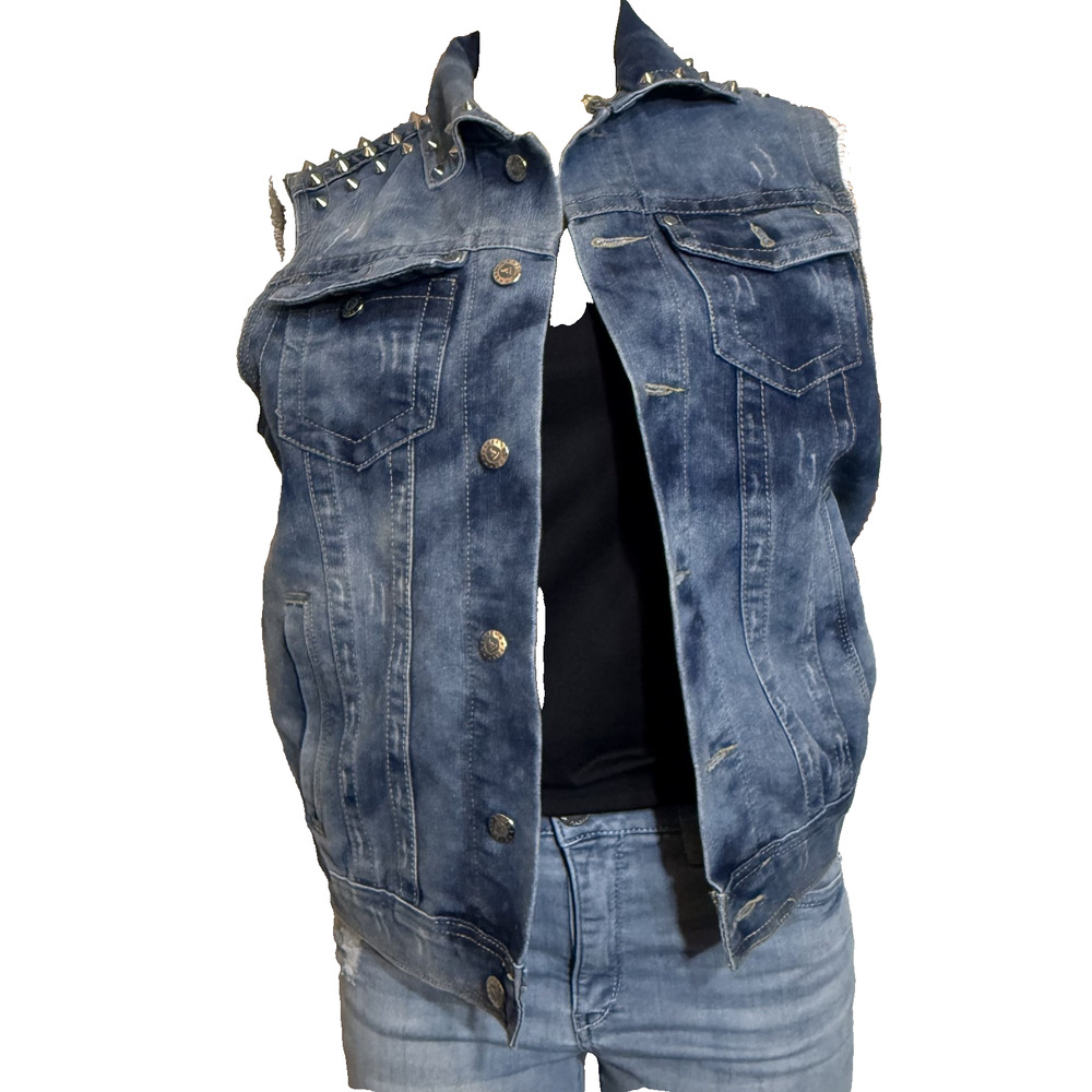 Bare Fox Studded Denim Vest Women Small Blue Distressed Moto Y2K Punk Festival